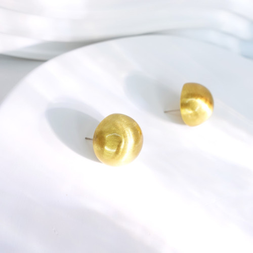 拉絲耳釘銅鍍18k金925銀針輕奢金色光面圓形磨砂半圓球耳飾女