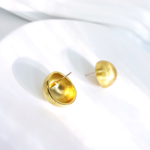 拉絲耳釘銅鍍18k金925銀針輕奢金色光面圓形磨砂半圓球耳飾女