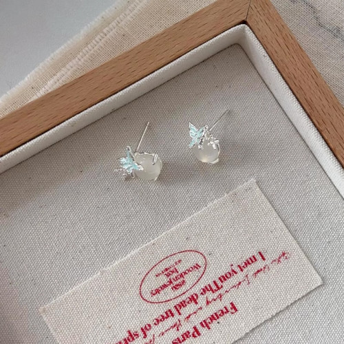 925銀針藍蝴蝶白玉髓耳釘清冷感獨特小衆設計高級感輕奢精緻耳環