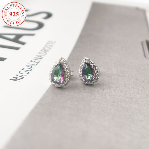 歐美風新款七彩色白鋯水滴形耳飾氣質百搭時尚女925銀耳釘