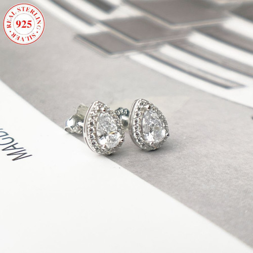 歐美風新款七彩色白鋯水滴形耳飾氣質百搭時尚女925銀耳釘