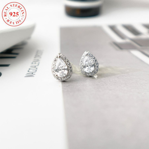 歐美風新款七彩色白鋯水滴形耳飾氣質百搭時尚女925銀耳釘