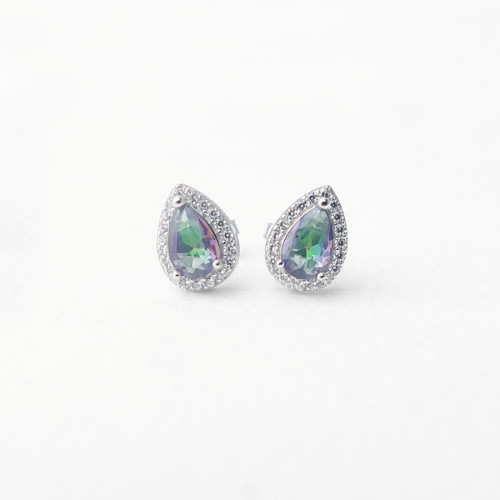 歐美風新款七彩色白鋯水滴形耳飾氣質百搭時尚女925銀耳釘