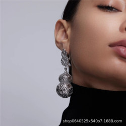 新中式誇張流蘇 立體葫蘆珍珠耳釘925銀針 時尚氣質百搭 流行國風