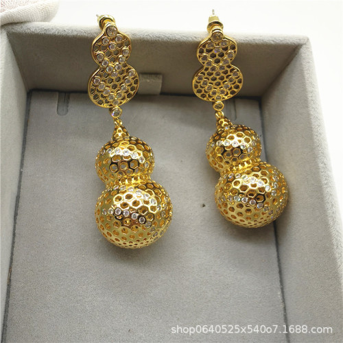 新中式誇張流蘇 立體葫蘆珍珠耳釘925銀針 時尚氣質百搭 流行國風