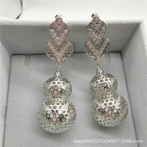 新中式誇張流蘇 立體葫蘆珍珠耳釘925銀針 時尚氣質百搭 流行國風