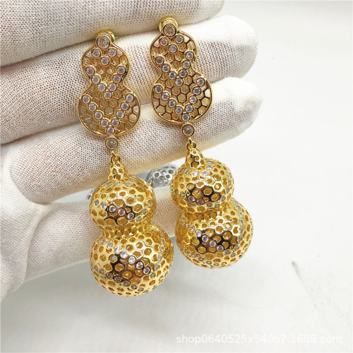 新中式誇張流蘇 立體葫蘆珍珠耳釘925銀針 時尚氣質百搭 流行國風