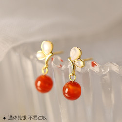 如業 925純銀紅珠耳釘過年輕奢耳環小衆設計2022年新款耳飾女
