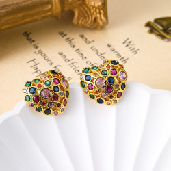 歐美小衆波西米亞彩色鑲鑽愛心耳釘女高級感ins復古耳環女925銀針