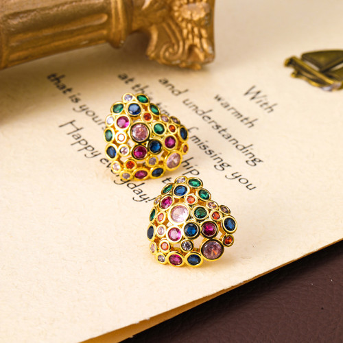 歐美小衆波西米亞彩色鑲鑽愛心耳釘女高級感ins復古耳環女925銀針 歐美小衆波西米亞彩色鑲鑽愛心耳釘女高級感ins復古耳環女925銀針