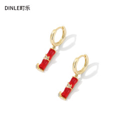 S925純銀針風紅色竹子耳環女小衆設計耳釘貓眼石耳飾國風水晶