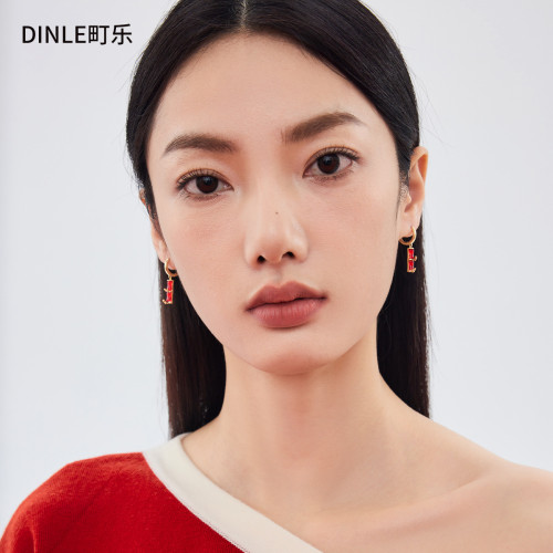 S925純銀針風紅色竹子耳環女小衆設計耳釘貓眼石耳飾國風水晶