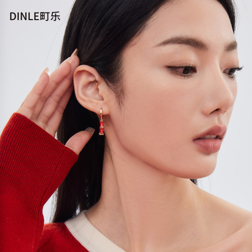 S925純銀針風紅色竹子耳環女小衆設計耳釘貓眼石耳飾國風水晶