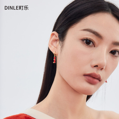 S925純銀針風紅色竹子耳環女小衆設計耳釘貓眼石耳飾國風水晶