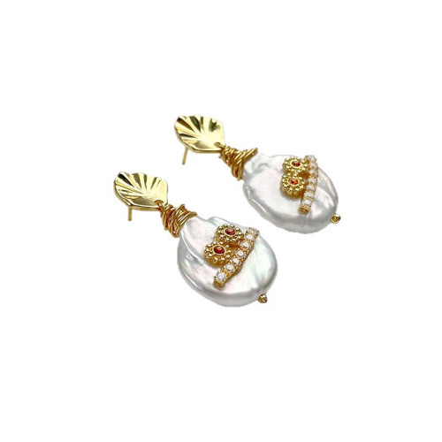 簡約輕奢復古耳墜韓國版巴洛克花瓣珍珠耳環925銀針耳釘網紅耳飾