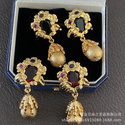 Vintage銅鍍真金復古彩色鋯石花朵耳環925銀針高級感氣質耳飾耳墜