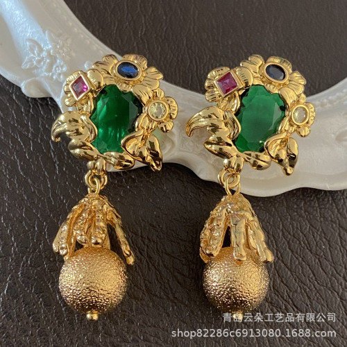 Vintage銅鍍真金復古彩色鋯石花朵耳環925銀針高級感氣質耳飾耳墜 Vintage銅鍍真金復古彩色鋯石花朵耳環925銀針高級感氣質耳飾耳墜