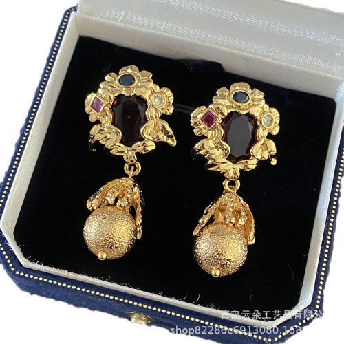 Vintage銅鍍真金復古彩色鋯石花朵耳環925銀針高級感氣質耳飾耳墜 Vintage銅鍍真金復古彩色鋯石花朵耳環925銀針高級感氣質耳飾耳墜