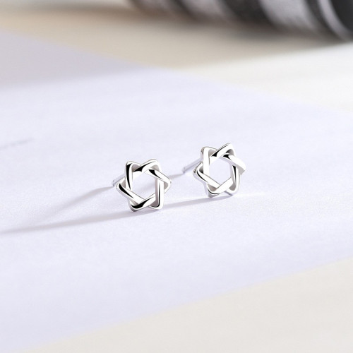 爆款925純銀針小耳骨幾何縷空素銀六芒星耳釘韓國簡約耳飾百