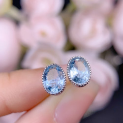 天然海藍寶耳釘晶體乾淨主石5*7mms925銀鑲嵌 最新電鍍工藝