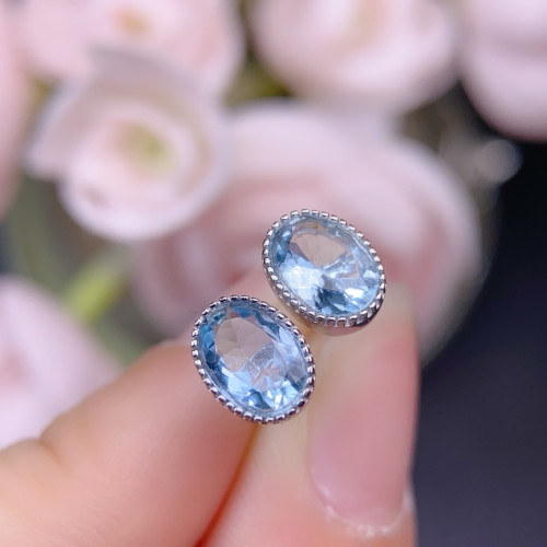 天然海藍寶耳釘晶體乾淨主石5*7mms925銀鑲嵌 最新電鍍工藝