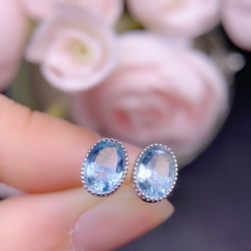 天然海藍寶耳釘晶體乾淨主石5*7mms925銀鑲嵌 最新電鍍工藝