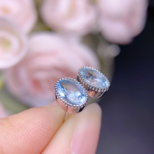 天然海藍寶耳釘晶體乾淨主石5*7mms925銀鑲嵌 最新電鍍工藝