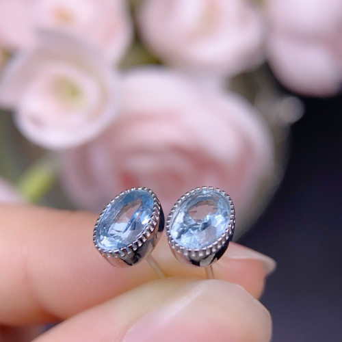 天然海藍寶耳釘晶體乾淨主石5*7mms925銀鑲嵌 最新電鍍工藝