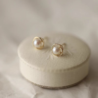 925純銀鍍14K金耳釘人造珍珠點線包邊精緻文藝復古日常溫柔耳飾女
