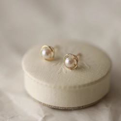 925純銀鍍14K金耳釘人造珍珠點線包邊精緻文藝復古日常溫柔耳飾女