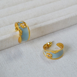 法式文藝復古不規則C字圈手工琺瑯花朵鋯石925銀針耳釘耳飾女