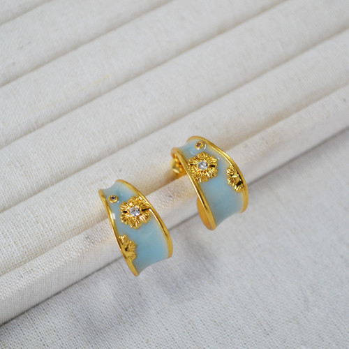 法式文藝復古不規則C字圈手工琺瑯花朵鋯石925銀針耳釘耳飾女 法式文藝復古不規則C字圈手工琺瑯花朵鋯石925銀針耳釘耳飾女