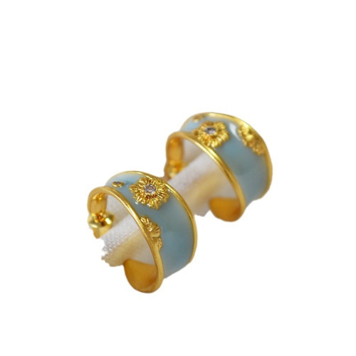 法式文藝復古不規則C字圈手工琺瑯花朵鋯石925銀針耳釘耳飾女 法式文藝復古不規則C字圈手工琺瑯花朵鋯石925銀針耳釘耳飾女