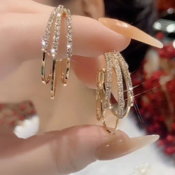 新款水鑽C形三生三世耳環歐美時尚誇張大氣925銀針圈高級金屬耳飾