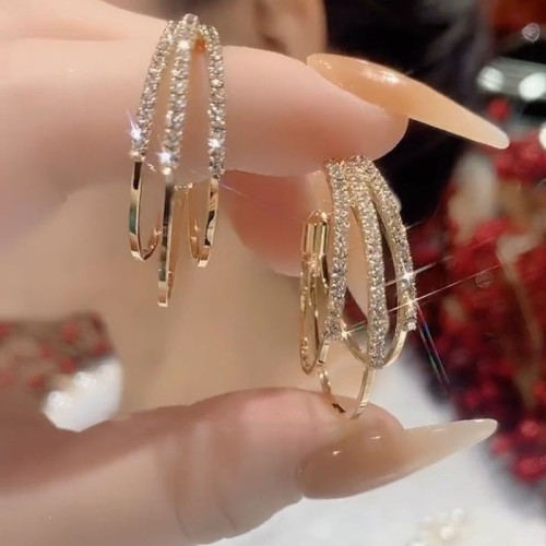 新款水鑽C形三生三世耳環歐美時尚誇張大氣925銀針圈高級金屬耳飾