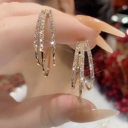 新款水鑽C形三生三世耳環歐美時尚誇張大氣925銀針圈高級金屬耳飾