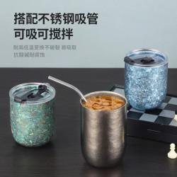 純鈦一體成型啤酒果汁杯家用情侶旅行帶蓋高檔水杯360ml冰花鈦杯
