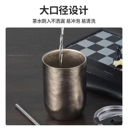 純鈦一體成型啤酒果汁杯家用情侶旅行帶蓋高檔水杯360ml冰花鈦杯