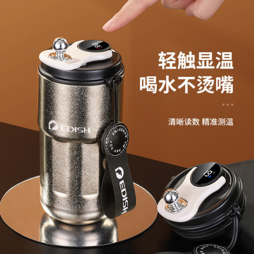 純鈦咖啡杯雙層鈦杯智能顯溫高顔值水杯戶外可攜式帶提繩雙飲杯