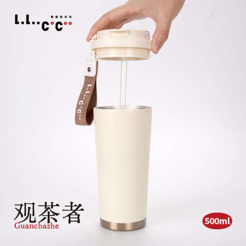 【觀茶者杯】316內膽食品級不鏽鋼手提繩吸琯杯直飲可攜式雙飲口
