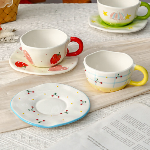 女生高顔值咖啡杯碟 ins田園風早餐牛奶馬克杯套裝陶瓷手捏不規則