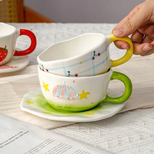 女生高顔值咖啡杯碟 ins田園風早餐牛奶馬克杯套裝陶瓷手捏不規則
