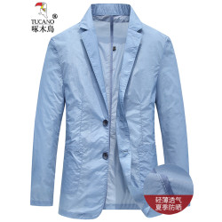 啄木鳥小西裝男夏季超薄款休閒西服外套輕薄透氣藍色防曬衣服夏天