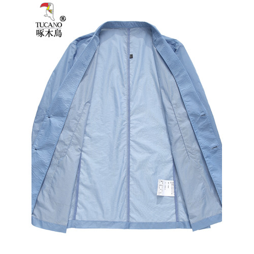 啄木鳥小西裝男夏季超薄款休閒西服外套輕薄透氣藍色防曬衣服夏天