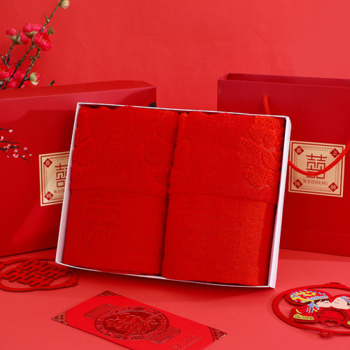 結婚紅毛巾純棉刺綉禮盒裝實用伴手禮毛巾廻禮陪嫁洗臉毛巾