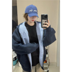 國潮牌藏青色格子拼接衛衣女秋季連帽寬鬆假兩件純棉開衫外套