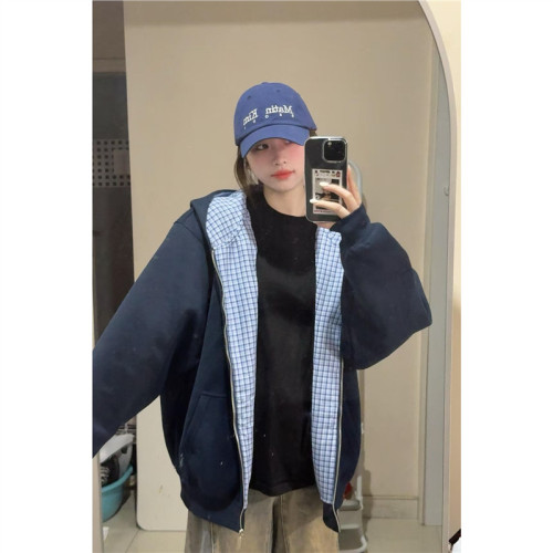 國潮牌藏青色格子拼接衛衣女秋季連帽寬鬆假兩件純棉開衫外套