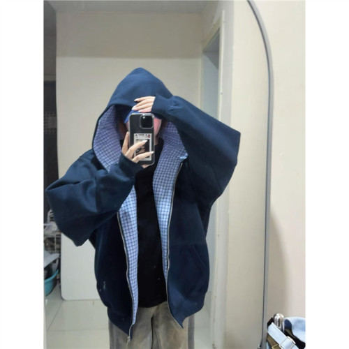 國潮牌藏青色格子拼接衛衣女秋季連帽寬鬆假兩件純棉開衫外套