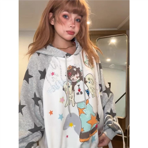 美式復古卡婷動漫連帽衛衣女百搭寬鬆拼接撞色秋新款上衣