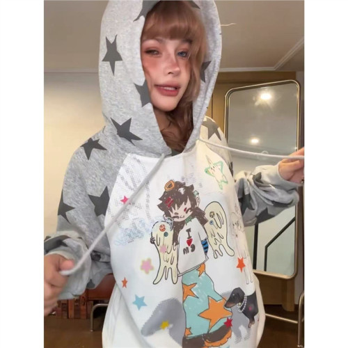 美式復古卡婷動漫連帽衛衣女百搭寬鬆拼接撞色秋新款上衣